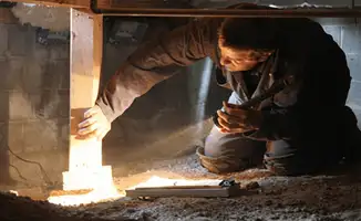 A professional inspecting wooden beams under the floor of a structure in Tempe, AZ